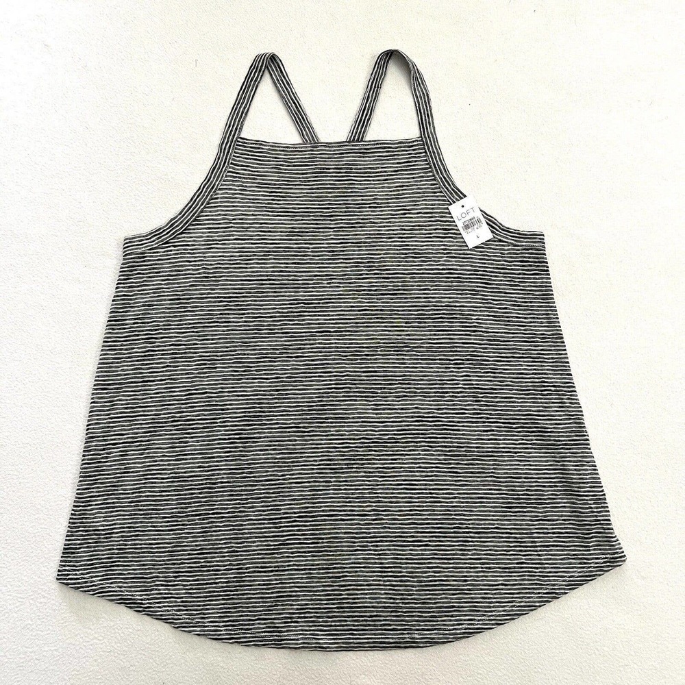 NWT Loft High Neck Black White Stripe Rayon Blend Halter Racerback Tank Top L - Picture 1 of 6